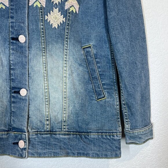 Western Embroidered Denim Jacket Blue Green Aztec Print Small - Picture 5 of 10